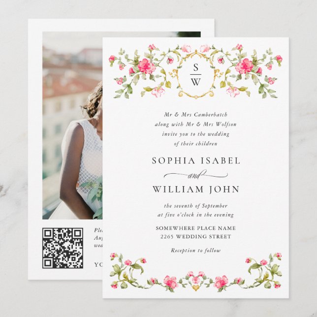 Invitación Meadow Pastel Rosas franceses Boda floral código Q (Anverso / Reverso)