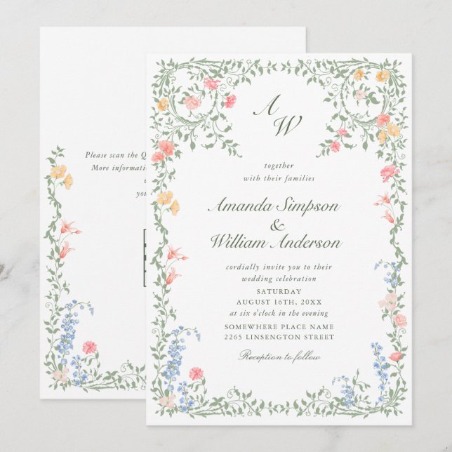 Invitación Meadow Pastel Rosas franceses Boda floral código Q (Anverso / Reverso)