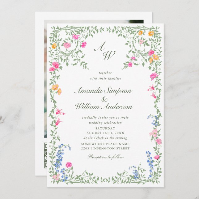 Invitación Meadow Pastel Rosas franceses Boda floral código Q (Anverso / Reverso)