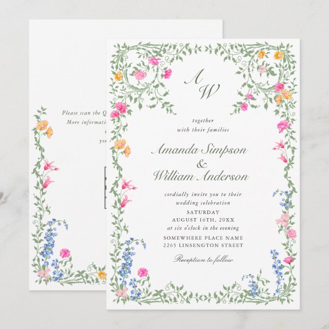 Invitación Meadow Pastel Rosas franceses Boda floral código Q (Anverso / Reverso)