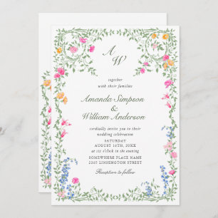 Invitación Meadow Pastel Rosas franceses Boda floral código Q