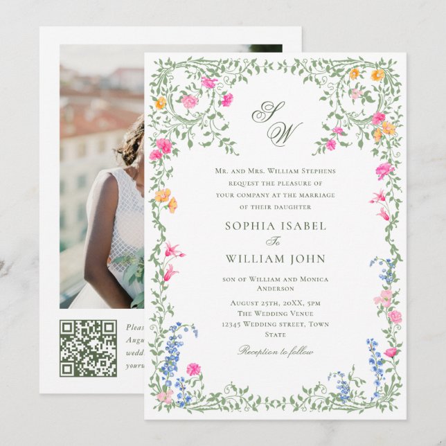 Invitación Meadow Pastel Rosas franceses Boda floral código Q (Anverso / Reverso)