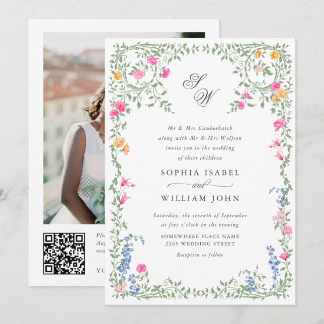 Invitación Meadow Pastel Rosas franceses Boda floral código Q (Anverso / Reverso)