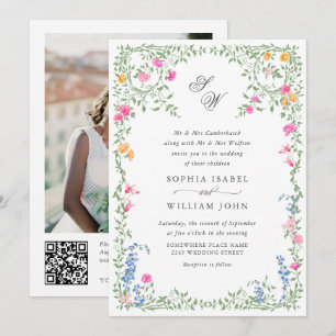 Invitación Meadow Pastel Rosas franceses Boda floral código Q