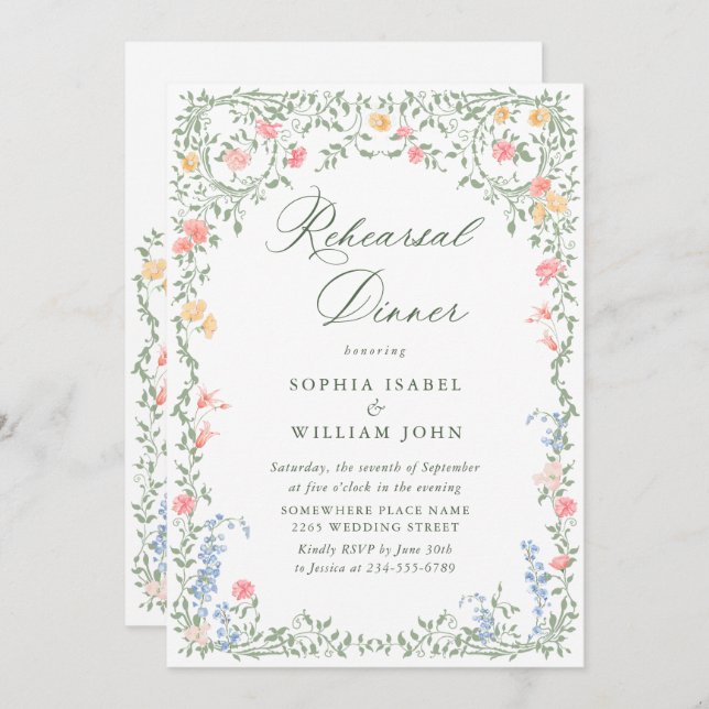 Invitación Meadow Pastel Rosas franceses Ensayo de flores Cen (Anverso / Reverso)