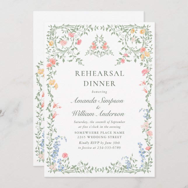 Invitación Meadow Pastel Rosas franceses Ensayo de flores Cen (Anverso / Reverso)