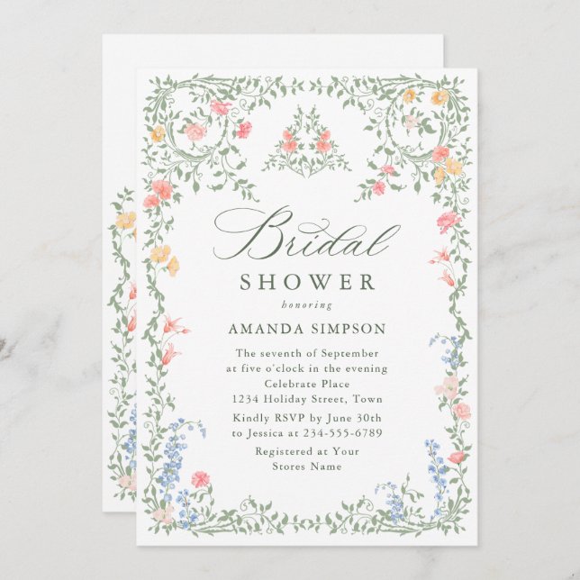 Invitación Meadow Pastel Rosas franceses Floral Bridal Shower (Anverso / Reverso)