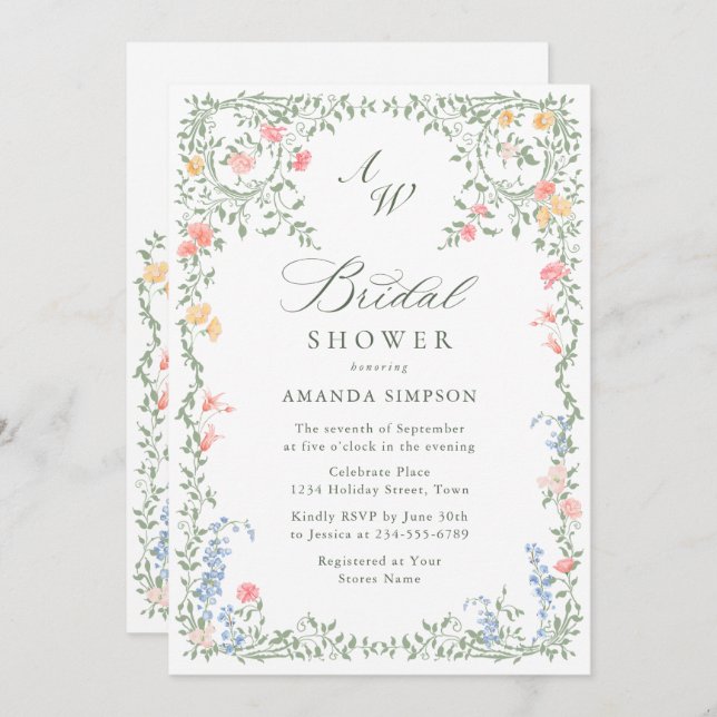 Invitación Meadow Pastel Rosas franceses Floral Bridal Shower (Anverso / Reverso)