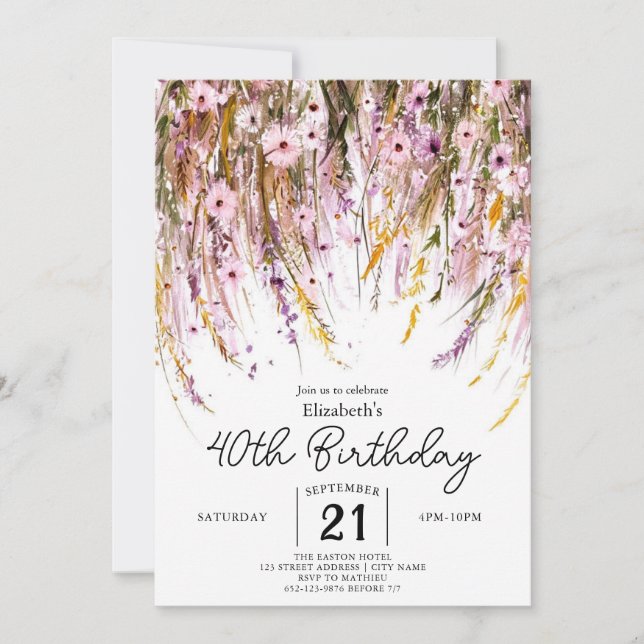 Invitación Meadow Personalizado Wildflowers 40 cumpleaños (Anverso)