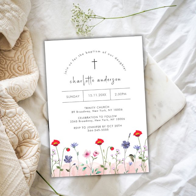 Invitación Meadow Summer Little Flower Cross Baptism (Meadow Summer Little Flower Cross Baptism Invitation)