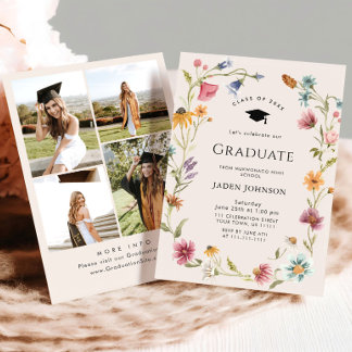 Invitación Meadow Wildflower Boho 4 Photo Graduation Party