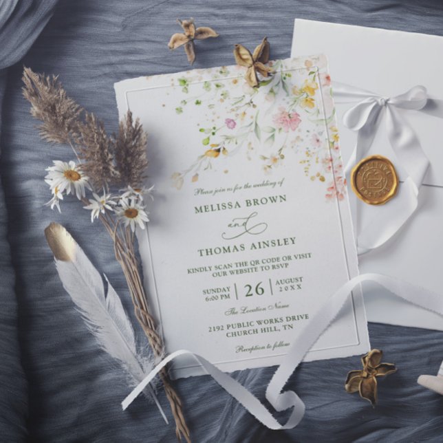 Invitación Meadow Wildflowers Boho Budget QR Code Wedding (Subido por el creador)