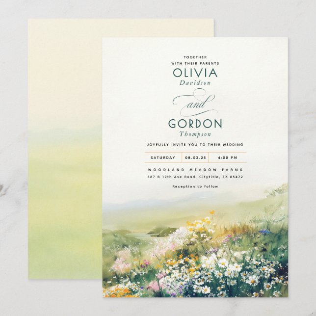 Invitación Meadow Wildflowers Watercolor Nature Boda (Anverso / Reverso)