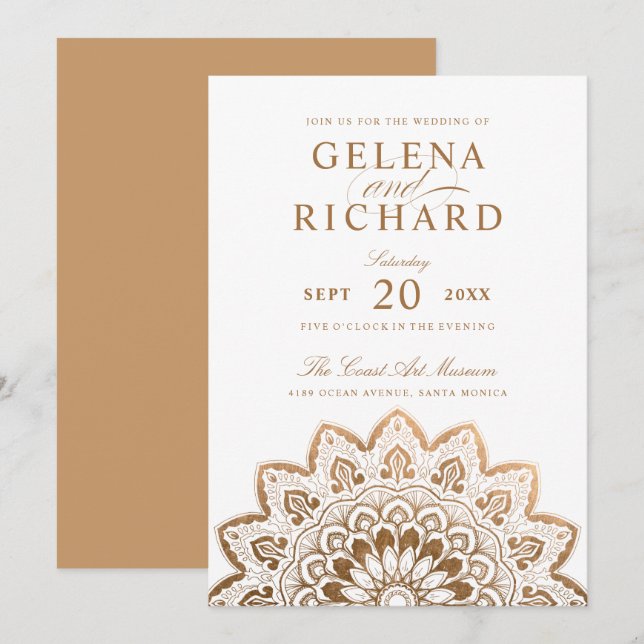 Invitación Medallón de oro Boda elegante de Mandala (Anverso / Reverso)