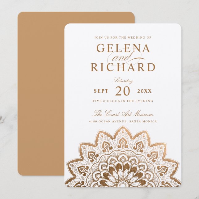 Invitación Medallón de oro Shimmer Mandala Boda (Anverso / Reverso)