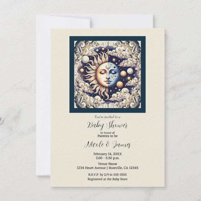 Invitación Media luna celestial vintage Baby Shower & Moon (Anverso)