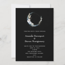 Invitación Media Luna Creciente Azul con Bodas de Flores Blan