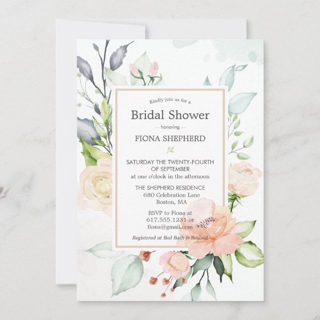 Invitación Mediano verano elegante acuarela Floral Bridal Sho (Anverso)