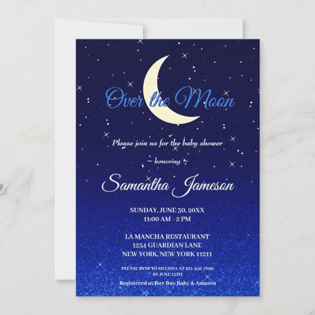 Invitación Medianoche azul sobre la luna Baby Shower (Anverso)