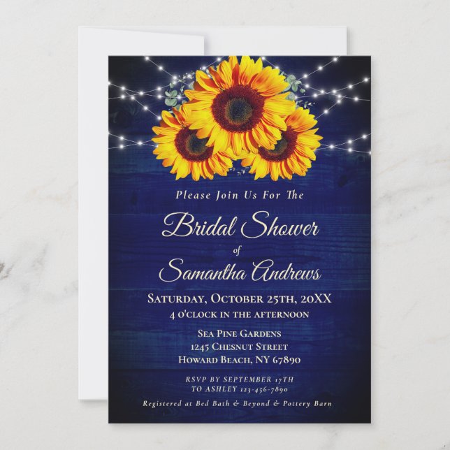 Invitación Medianoche Blue Bridal Shower Sunflower String Lig (Anverso)