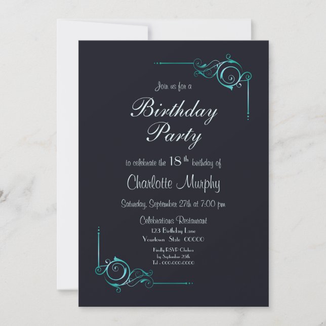 Invitación Medianoche Blue & Turquoise 18ª fiesta de cumpleañ (Anverso)