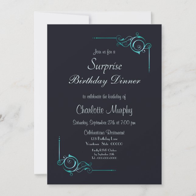 Invitación Medianoche Blue & Turquoise Surprise Cumpleaños Ce (Anverso)