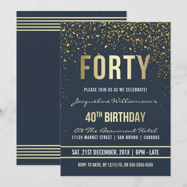 Invitación Medianoche | Confetti de oro 40.º Fiesta de cumple (Anverso / Reverso)