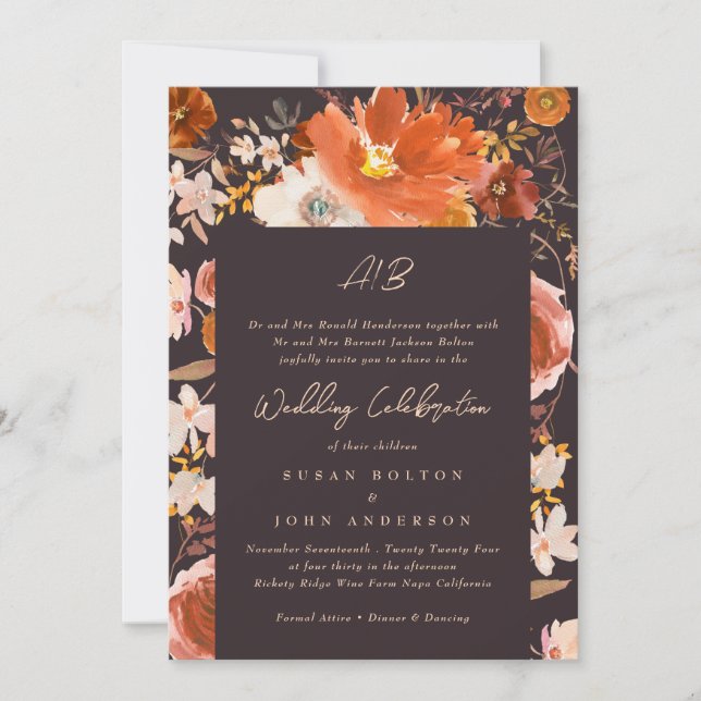 Invitación Medianoche Terracotta Monograma Boda de borde flor (Anverso)
