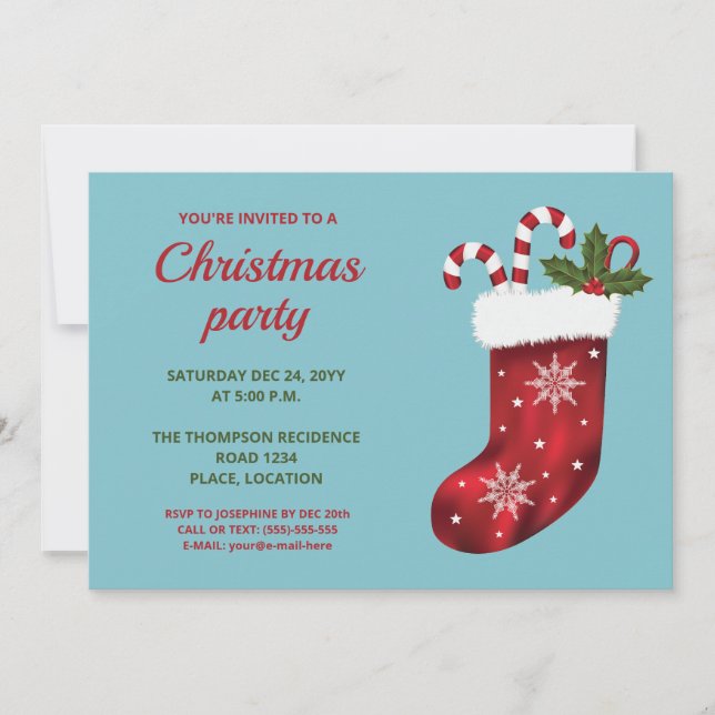 Invitación Medias de Navidad Rojas en Azul - Fiesta de Navida (Anverso)