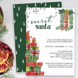 Invitación Medias y regalos de Navidad de Santa Secreto