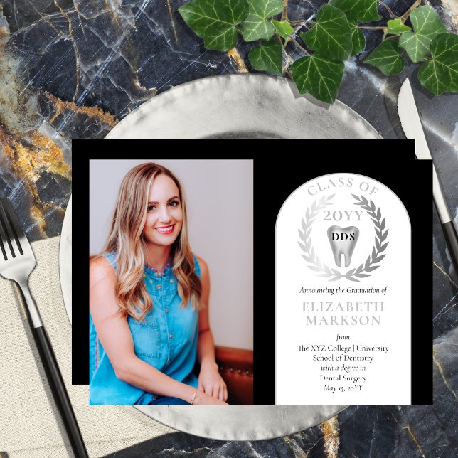Invitación Médica Cirugía Dental Graduación de Foto (Black and Silver tone Photo Doctor of Dental Surgery "DDS" Graduation Announcement - Print | Digital)