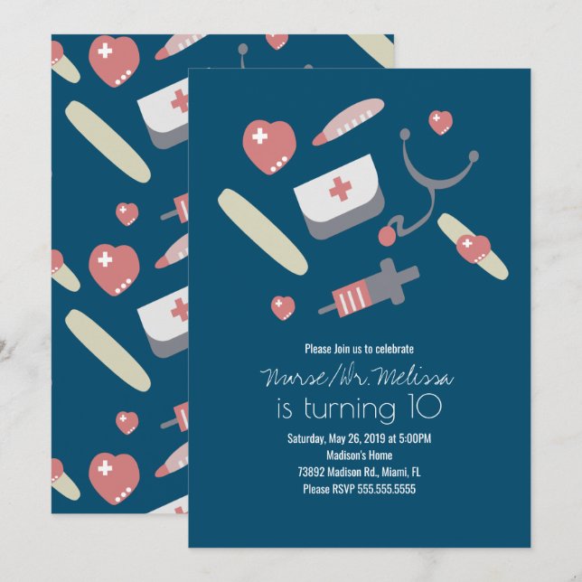 Invitación Médica Enfermera Fiesta de Cumpleaños Patrón médic (Anverso / Reverso)