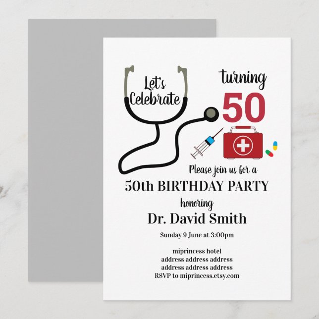 Invitación Médica, Enfermería, cumpleaños médico (Anverso / Reverso)
