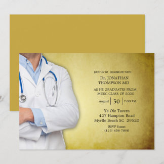 Invitación Médica Graduación Partido Oro Abrigo Blanco