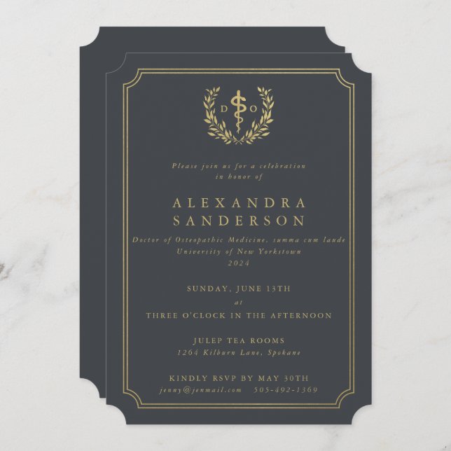 Invitación Médica Gris/Oro del Grado de Medicina Osteopática (Anverso / Reverso)