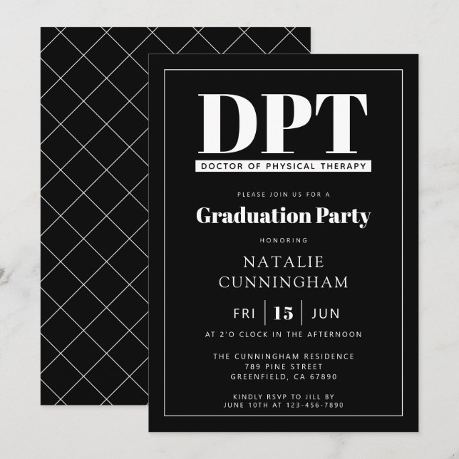 Invitación Médica moderno de DPT de Graduación de Terapia Fís (Anverso / Reverso)