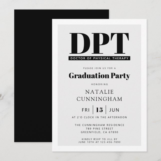 Invitación Médica moderno de DPT de Graduación de Terapia Fís (Anverso / Reverso)