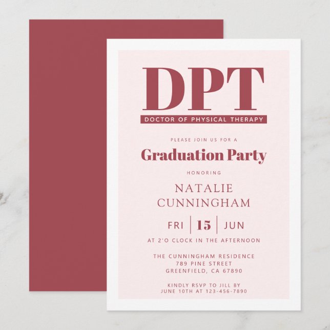 Invitación Médica moderno de DPT de Graduación de Terapia Fís (Anverso / Reverso)