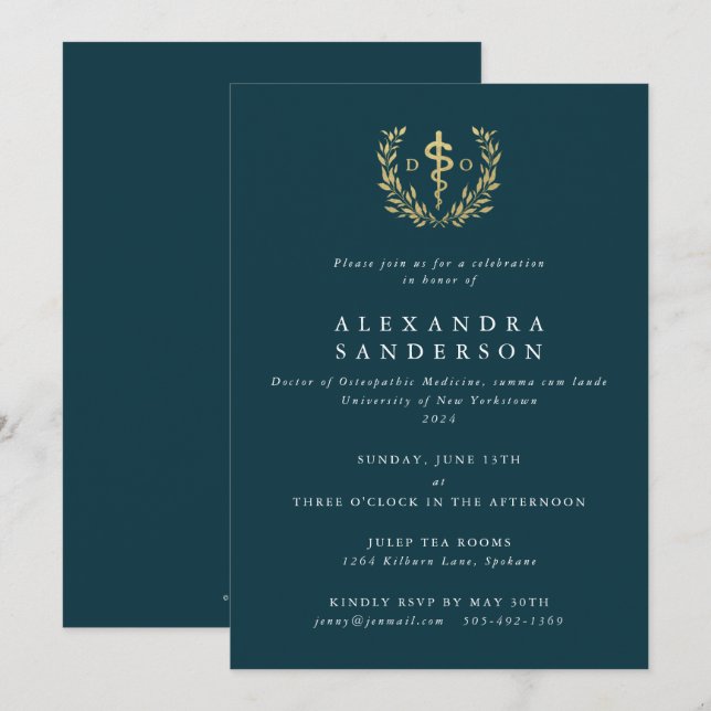 Invitación Médica verde azulado/Oro de Medicina Osteopática G (Anverso / Reverso)