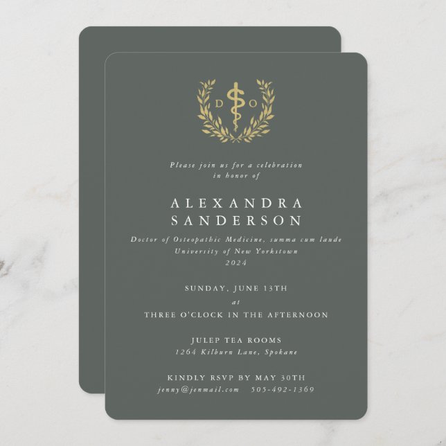 Invitación Médica Verde/Oro del Grado de Medicina Osteopática (Anverso / Reverso)