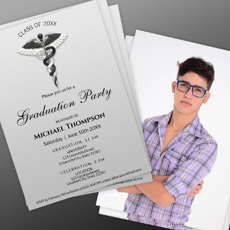 Invitación Medical Black White Caduceus Graduation | Photo
