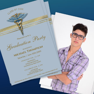 Invitación Medical Blue Caduceus Gold Stripe Graduation Photo