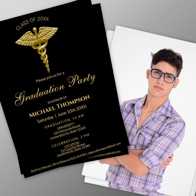 Invitación Medical Gold Caduceus Black Graduation | Photo (Subido por el creador)