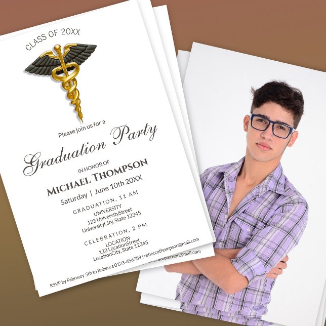 Invitación Medical Gold Caduceus Black Wings Graduation Photo (Subido por el creador)