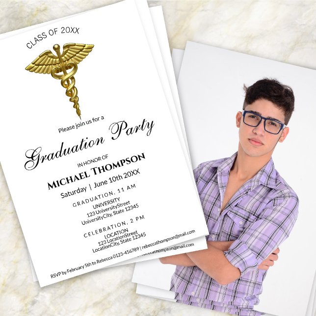 Invitación Medical Luxury Gold Caduceus Graduation | Photo (Subido por el creador)