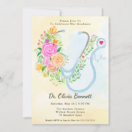Invitación Medical School Graduation Roses with Stethoscope 
