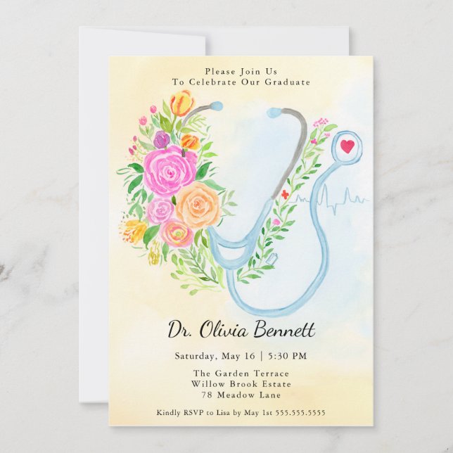 Invitación Medical School Graduation Roses with Stethoscope  (Anverso)