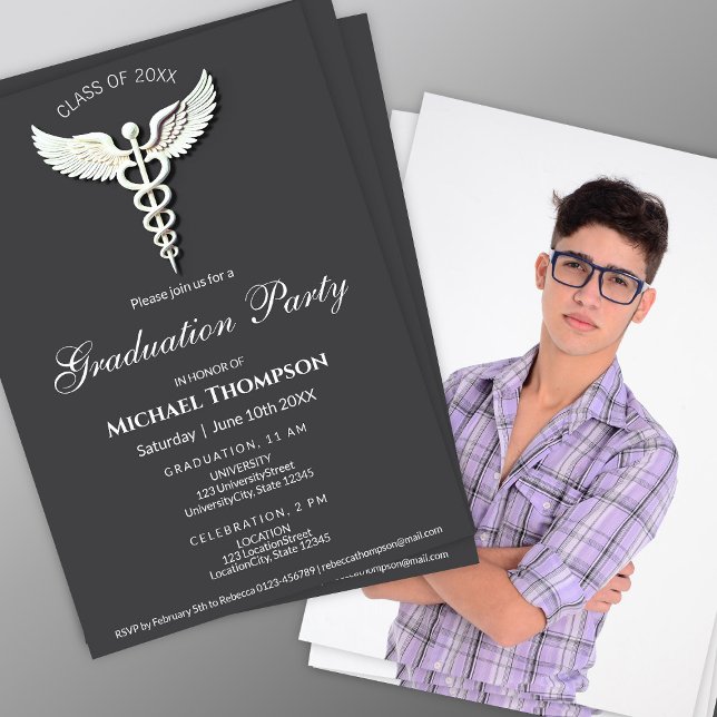 Invitación Medical White Caduceus Anthracite Photo Graduation (Subido por el creador)