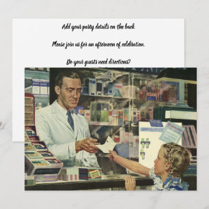 Invitación Medicina Antigüo, Farmacéutico y Muchacha en Farma