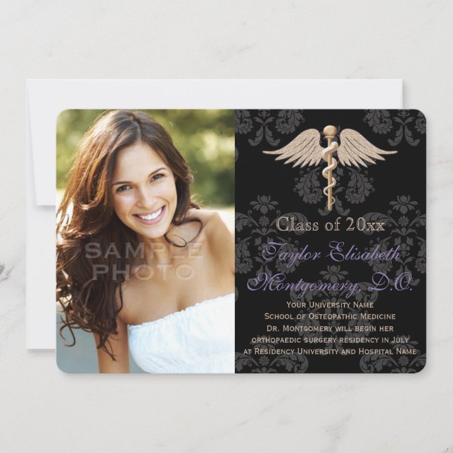 Invitación Medicina púrpura Osteopática DO Graduación Escolar (Anverso)